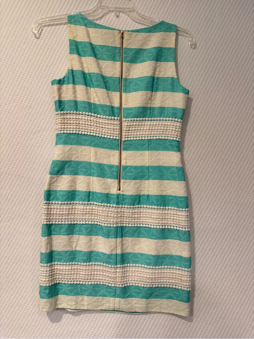 Sleeveless Striped V-neck Sheath Dress with lace in Aqua and White size 4 - Picture 2 of 6